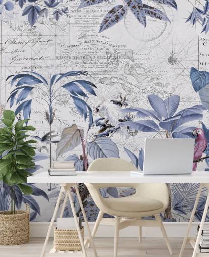 selva azul e pássaros exóticos papel de parede