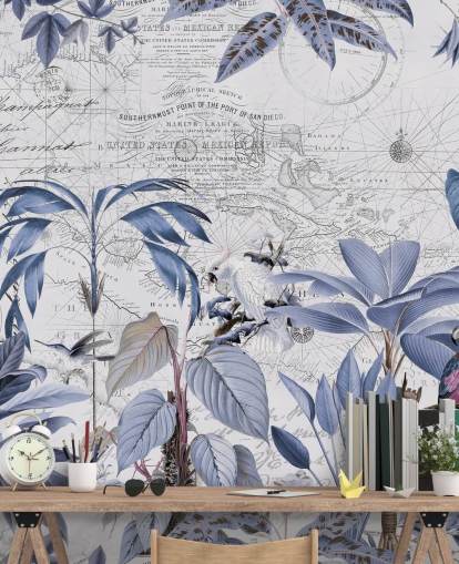 papel pintado de selva azul y pájaros exóticos papel pintado de selva azul y pájaros exóticos