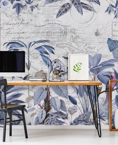 blauwe jungle en exotische vogels behang