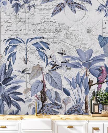 blue jungle and exotic birds wallpaper