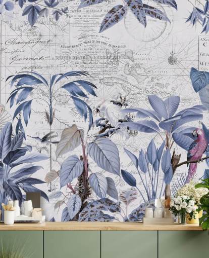 papel pintado de selva azul y pájaros exóticos