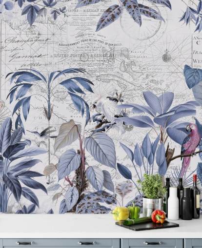 blauwe jungle en exotische vogels behang