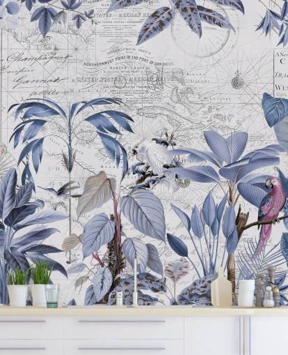 papel pintado de selva azul y pájaros exóticos papel pintado de selva azul y pájaros exóticos