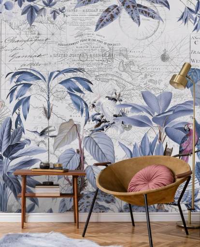 blue jungle and exotic birds wallpaper