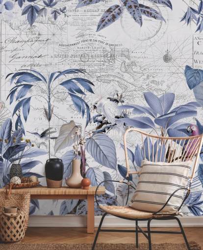 blue jungle and exotic birds wallpaper