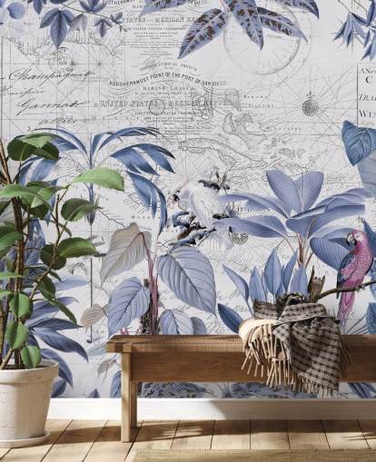 selva azul e pássaros exóticos papel de parede