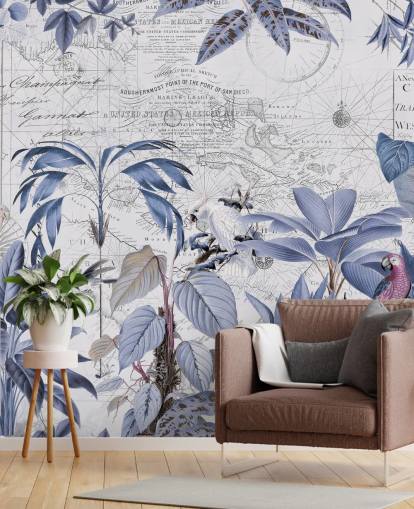 papel pintado de selva azul y pájaros exóticos
