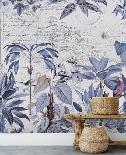 blue jungle and exotic birds wallpaper