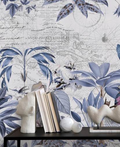 blauwe jungle en exotische vogels behang