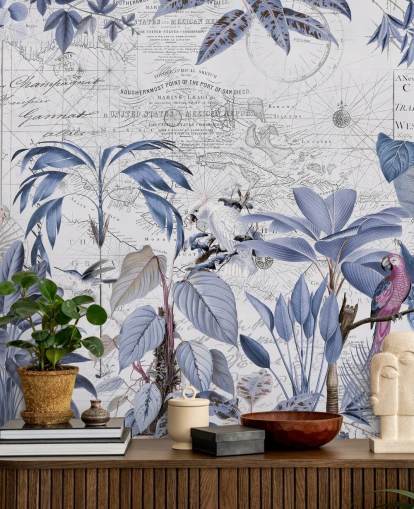 blauwe jungle en exotische vogels behang