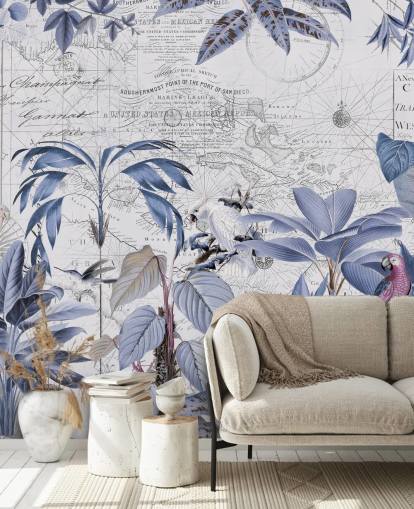 papel pintado de selva azul y pájaros exóticos