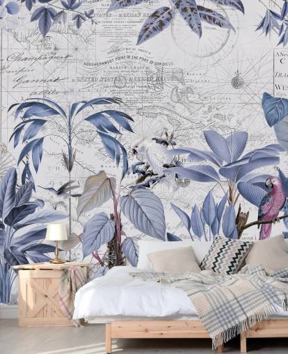 selva azul e pássaros exóticos papel de parede