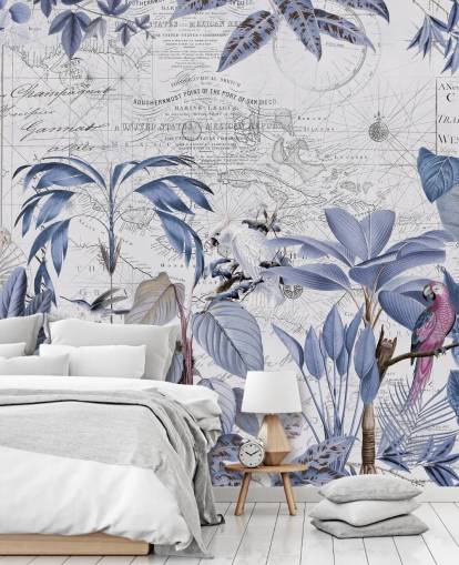 papel pintado de selva azul y pájaros exóticos
