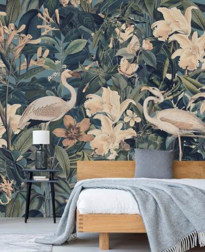 pale orange flamingos and flowers in green jungle wallpaper