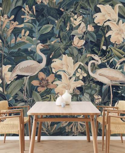 flamingos laranja pálidos e flores em papel de parede verde selva flamingos laranja pálidos e flores em papel de parede verde selva