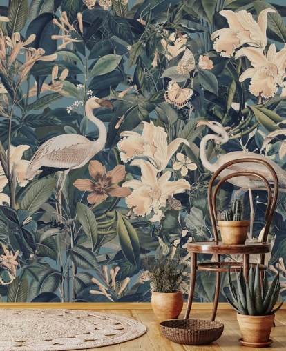 pale orange flamingos and flowers in green jungle wallpaper