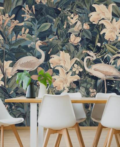 pale orange flamingos and flowers in green jungle wallpaper