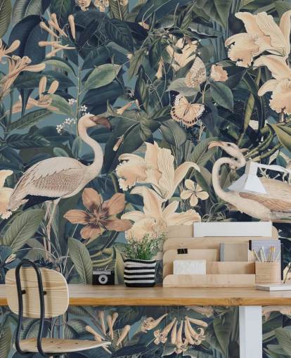 pale orange flamingos and flowers in green jungle wallpaper