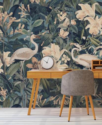 papier peint flamants roses orange pâle et fleurs dans la jungle verte