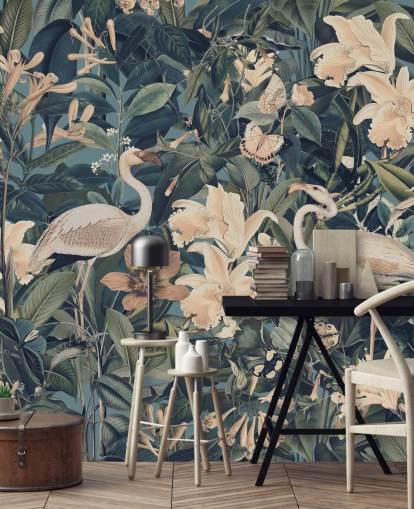 pale orange flamingos and flowers in green jungle wallpaper