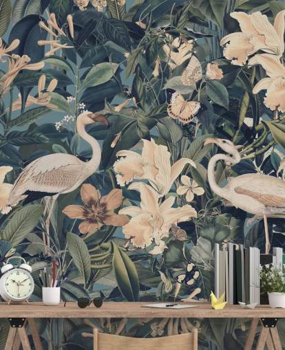 pale orange flamingos and flowers in green jungle wallpaper