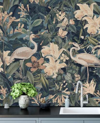 pale orange flamingos and flowers in green jungle wallpaper