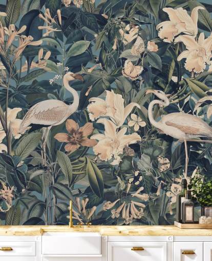 papier peint flamants roses orange pâle et fleurs dans la jungle verte