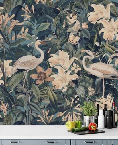 papier peint flamants roses orange pâle et fleurs dans la jungle verte papier peint flamants roses orange pâle et fleurs dans la jungle verte