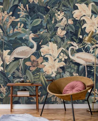 pale orange flamingos and flowers in green jungle wallpaper