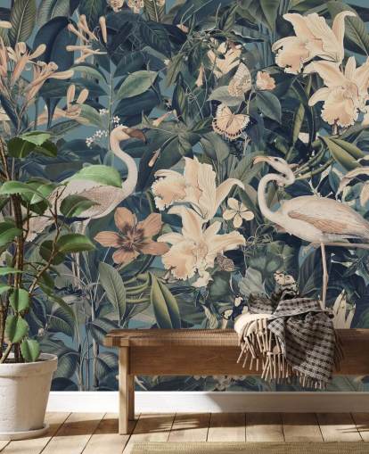 flamingos laranja pálidos e flores em papel de parede verde selva
