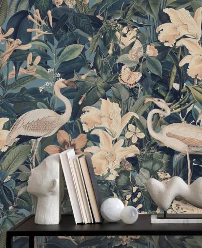 pale orange flamingos and flowers in green jungle wallpaper