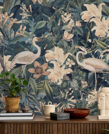 papier peint flamants roses orange pâle et fleurs dans la jungle verte