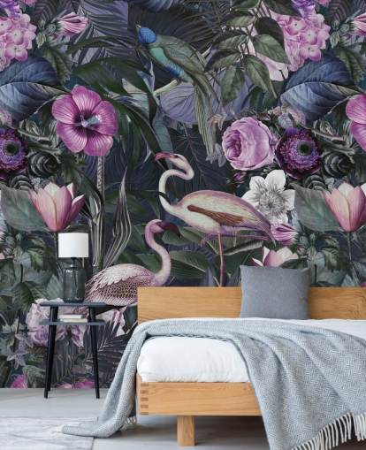 dark purple, blue and green floral flamingo wallpaper