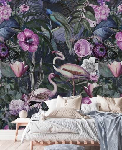 dark purple, blue and green floral flamingo wallpaper