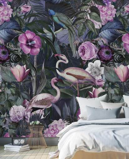 dark purple, blue and green floral flamingo wallpaper