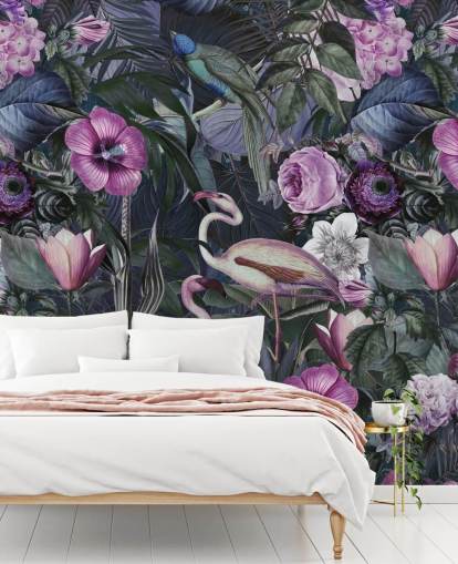 donkerpaars, blauw en groen bloemen flamingo-behang
