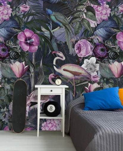 mörklila, blå och grön blommig flamingo tapet