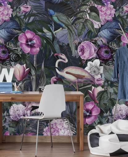 dark purple, blue and green floral flamingo wallpaper