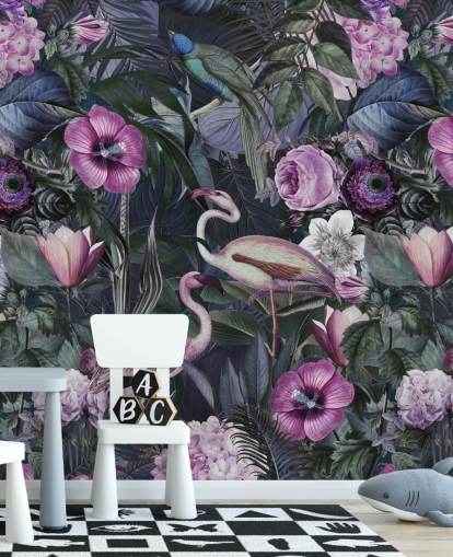 dunkelviolette, blaue und grüne florale Flamingo-Tapete