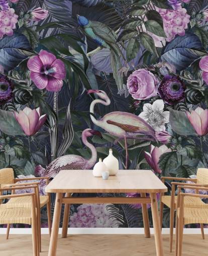 dark purple, blue and green floral flamingo wallpaper