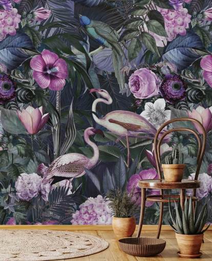 carta da parati con fenicotteri floreali viola scuro, blu e verde