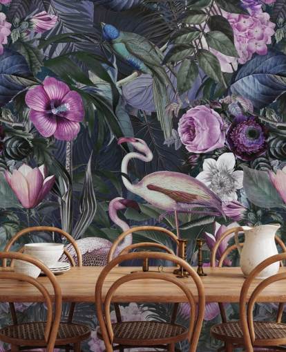 donkerpaars, blauw en groen bloemen flamingo-behang