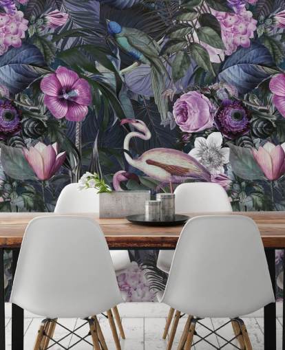 papel pintado de flamenco floral morado oscuro, azul y verde papel pintado de flamenco floral morado oscuro, azul y verde