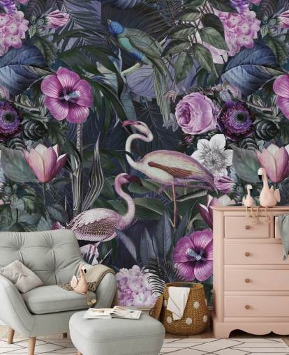 papel pintado de flamenco floral morado oscuro, azul y verde