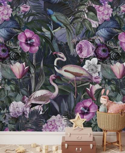 dark purple, blue and green floral flamingo wallpaper