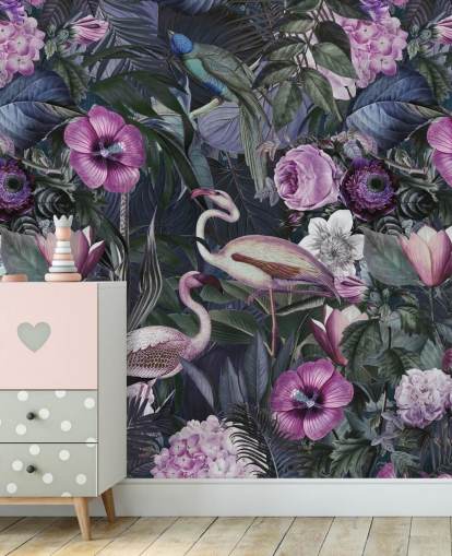 donkerpaars, blauw en groen bloemen flamingo-behang donkerpaars, blauw en groen bloemen flamingo-behang
