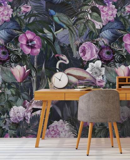 papel pintado de flamenco floral morado oscuro, azul y verde