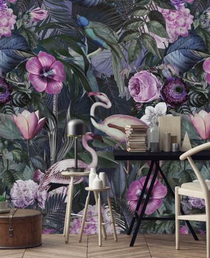 donkerpaars, blauw en groen bloemen flamingo-behang