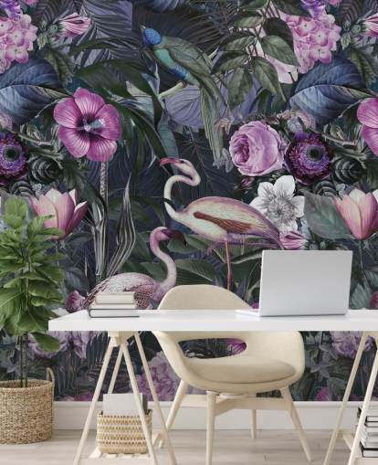 papel de parede de flamingo floral roxo escuro, azul e verde