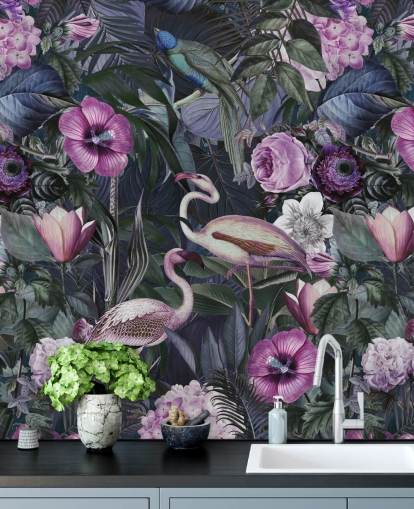 papier peint flamant rose violet foncé, bleu et vert